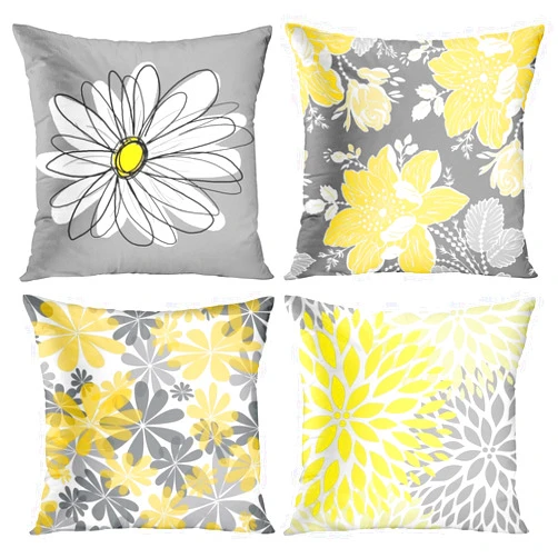 Emvency Set of 4 Throw Pillow Covers Gray and Yellow Modern Daisy with Pretty White Floral Hand Couch Sofa Decorative Pillow Cases Cushion Home Decor Square 18x18 Inches Pillowcases