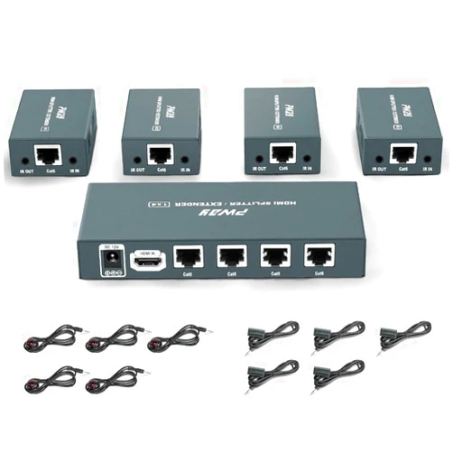 GREATHTEK 1x4 HDMI Extender Splitter Over Cat5e/Cat6/Cat7 Ethernet Cable Up to 50m/165ft - EDID Management & Bi-Directional IR Remote Control & POC Function Support 1080P@60Hz 3D (1 in 4 Out / 4-Port)