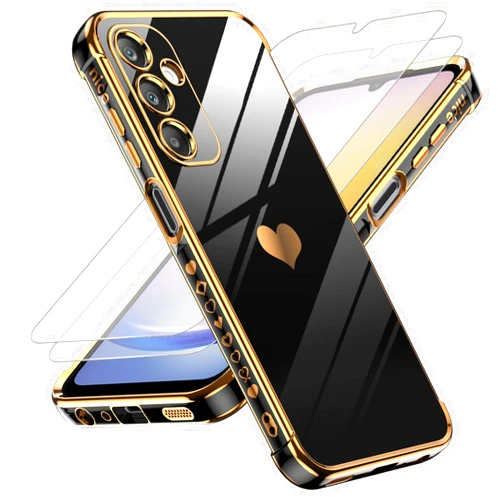 LeYi for Samsung Galaxy A25 5G Phone Case: with Tempered Glass Screen Protector [2 Pcs]+ Full Camera Lens Protection, Love Heart Plating Women Luxury Soft TPU Shockproof Case for Samsung A25 5G, Black