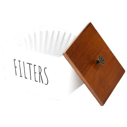 RuDily Farmhouse Rustic Coffee Filter Holder Basket, Wooden Organizer Pour Over Coffee Station Filter Storage Container, Decorative Distressed Countertop Coffee Filter Case (White)