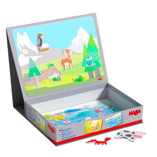 HABA Magnetic Game Box World of Animals in Their Habitats - 62 Magnetic Pieces in Cardboard Carrying Case with 4 Background Scenes