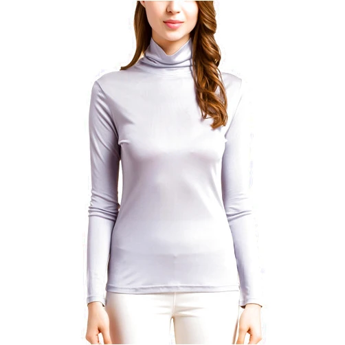 MOROUTLINE Silk Tops Turtleneck Long Sleeve Silk T Shirt Ultra Soft Thermal Layer Tops Slim High Neck Blouse