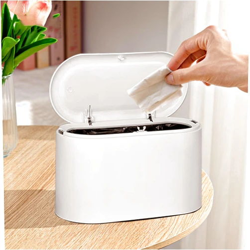 LTWQLing Mini Trash Can with Lid - Removable Small Garbage Can, Tiny Plastic Trash Bin, Pop Up Countertop Wastebasket, Counter Garbage Lint Bin for Bathroom,Office,Kitchen,Desk,Coffee Table(White)