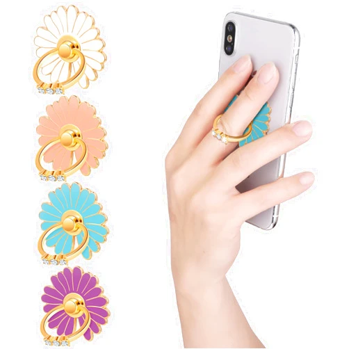 Cobee Cell Phone Ring Holders, 4 Pcs Cute Daisy Finger Kickstands Metal Round 180°/360° Rotation Hand Grip with Knob Loop Phone Ring Grips Compatible with Most Smartphones, Tablets