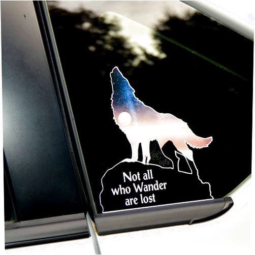 Byzee Not All who Wander are Lost Decal | Wolf Howling at Full Moon Vinyl Bumper Sticker, Laptop/Water Bottle Graphic | Night Sky Hiker with Flashlight, Camping, Nature Design (Full Moon)