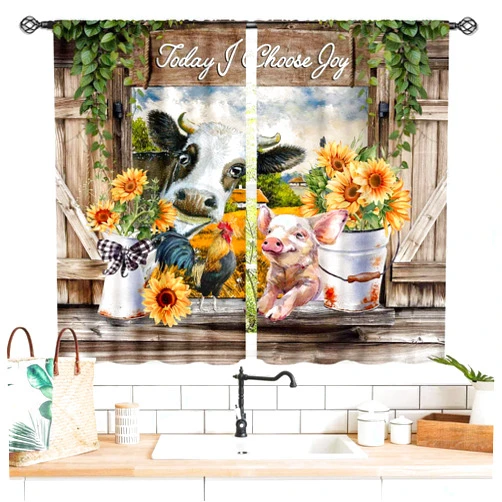 TKUYO Farmhouse Kitchen Curtains, Rustic Farm Animals Rooster Chicken Pig Cow Sunflower Patterned Rural Country Style Small Short Window Curtains for Cafe Bedroom Living Room 2 Panels, 55x39 Inch