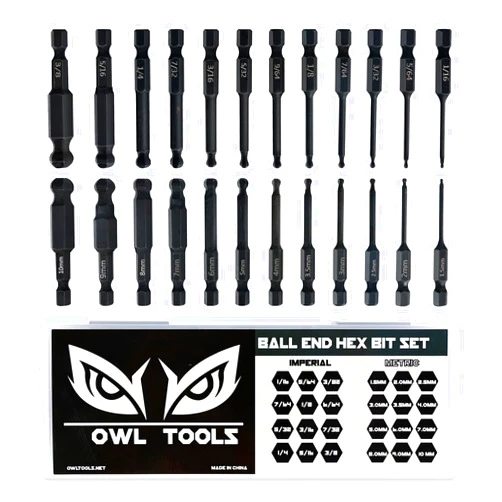 Owl Tools Ball End Hex Allen Wrench Drill Bit Set, 24 Pack - Metric & SAE Sizes - Magnetic Tipped, CR-MO Steel