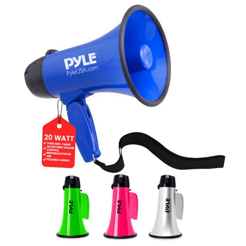Pyle PMP21BL Portable Megaphone Speaker Siren Bullhorn - Compact and Battery Operated with 20 Watt Power, Microphone, 2 Modes, PA Sound and Foldable Handle for Cheerleading and Police Use, Blue