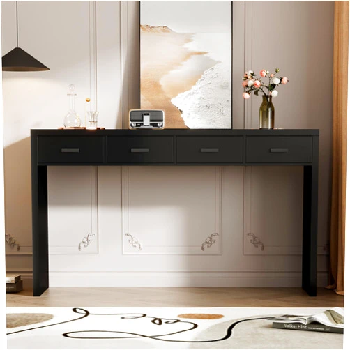 RuiSiSi Modern Console Table with Four Drawers Narrow Entryway Table with Metal Handles, Wood Accent Sofa Table Hallway Foyer Table Behind Couch Table for Living Room and Dining Room(Black)