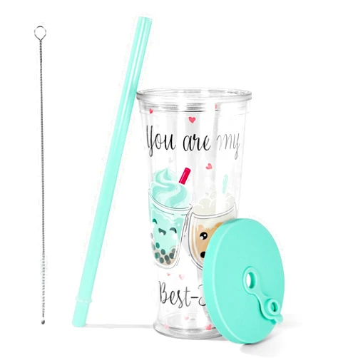 sweet grain Reuasble Boba Cup, 24oz Leak Proof and Double Wall Insulated Iced Coffee Tumbler with Reusable Plastic Straws and Straw Cleaner(Sky Blue)