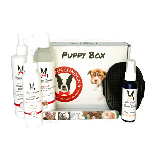 Warren London Puppy Gift Box - Includes Hydrating Butter, 2-in-1 Shampoo, Cologne, Grooming Bath Brush, Ear Cleaner and Nail File | Complete Puppy Care Set | Perfect Gift for New Pet Owners
