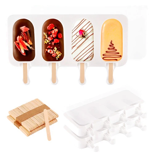 BTYMS 3 Set Popsicles Molds with Lids and 100 Pcs Wooden Popsicles Sticks, Standard Size 4 Cavities Silicone Ice Pop Molds for Making Cakesicles, Cake Pops, Ice Cream - BPA Free