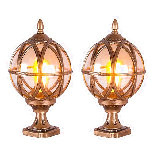Sxxrdz 2 Set of Antique Bronze European Victoria Villa Garden Gate Glass Lantern, Column Lamp Lawn Outdoor Antirust Waterproof Post Pillar Table Lighting Fixture, E26 Decorative Column Lights