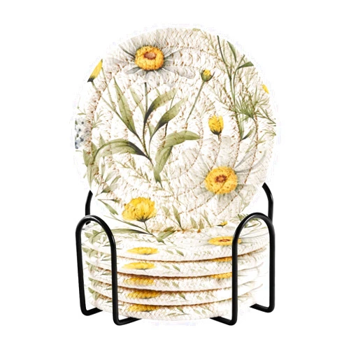 Msyxl Wildflower Daisy Drink Coasters Set - 6 Pcs Minimalist Woven Coasters with Holder for Home Decor, 3.94 Inch Absorbent Coasters for Drinks