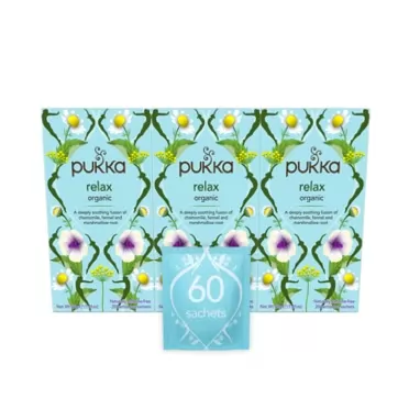 Pukka Organic Tea Bags, Relax Herbal Tea, Chamomile, Cardamon and Fennel, Perfect For Calming, 20 Count (Pack of 3) 60 Tea Bags