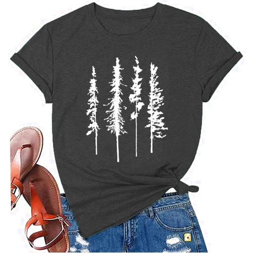 Laibao Funny Graphic Women Skinny Pine Tree Shirt Summer Hiking Camping Athletic Tees Nature Casual Comfy Clothes