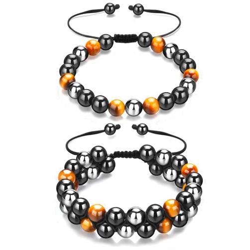 Starmond Triple Protection Bracelet 2pcs - Tigers Eye Black Obsidian Hematite 8mm Beaded Bracelets for Men Women - Handmade Crystal Jewelry Healing Bracelets Bring Luck, Prosperity and Happiness