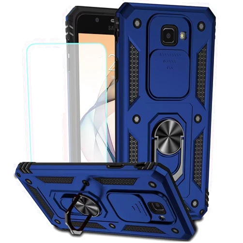 Vokuha Case for Galaxy J7 2017/J7 Sky Pro/J7 Halo/J7 V/J7 Perx/Halo with Tempered Glass Screen Protector and Slide Camera Cover, 360° Rotate Ring Stand Magnetic Cover for Samsung Galaxy J7 Prime Blue