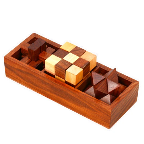 Ajuny 3-in-One Wooden Puzzle Games Set - 3D Puzzles for Teens and Adults - Challenging Brain Teasers 3D Puzzle IQ Logic Handcrafted Games, Includes Decorative Storage Box Best Gift 3 in 1 Game Set