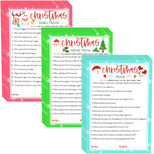 KMLIFE 63 Pcs Christmas Trivia Party Game Cards, 3 Themes Xmas Holiday Guessing Activity for Adults Families Friends, Kids, Groups and Coworkers, Annual Festive Events Party Decorations