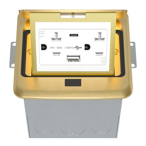 TG Soft Pop-Up Square Floor Box Kit, 4. 75” x 4. 75” x 2.95”, 3.6Amp Type C USB Outlet, 15A Tamper-Resistant Receptacle Outlet, Watertight Gasket and Corrosive Resistant Hardware, Brass