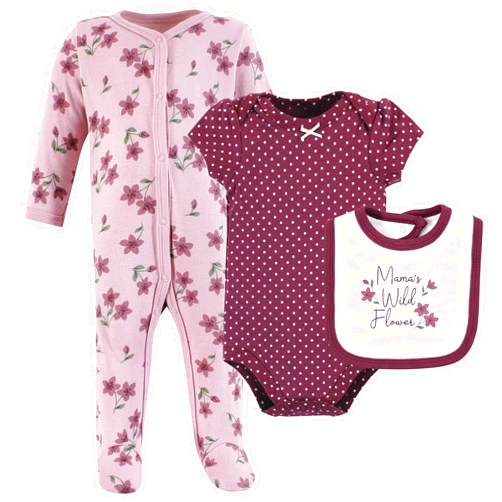 Hudson Baby Infant Girl Cotton Sleep and Play, Bodysuit and Bandana Bib Set, Plum Wildflower, 6-9 Months