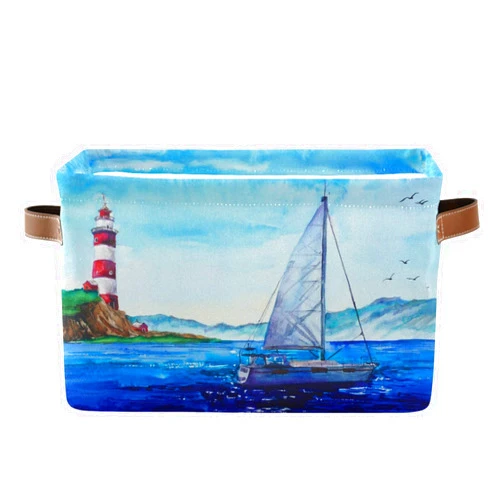 AUUXVA Storage Basket Watercolor Sea Lighthouse Sailboat Storage Cube Box Durable Canvas Collapsible Toy Basket Organizer Bin with Handles for Shelf Closet Bedroom Home Office