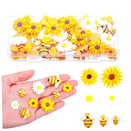 Qulkws 80 Pcs Flatback Bumble Bee Sunflowers Embellishments Resin Bees Daisy Flowers Decor Bees Craft Charms with Box for DIY Crafts Scrapbooking Party Home Decorations