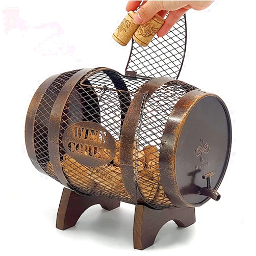 Makuvine Rustic Metal Large Barrel Wine Cork Holder Display On Wooden Stand, Wine Lover Gift, Housewarming Gift, Home Bar Decor, Wine Gift, Engagement Gift, Kitchen Decor