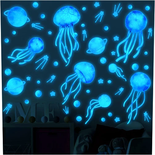 LiveGallery 4 Sheets Starry Sky Jellyfish Wall Sticker Glow in The Dark Wall Stickers Planet Blue Luminous Wall Decals DIY Peel Stick Art Decor for Walls Ceiling Kids Bedroom Living Room Nursery Girls and Boys (Blue)