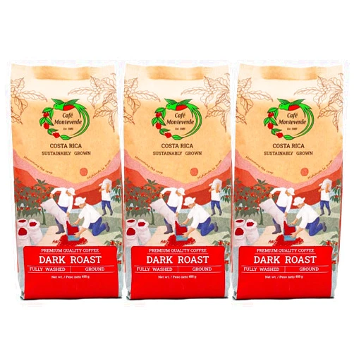 Cafe Monteverde - Dark Roast Coffee Bundle - Costa Rican Single Origin 100% Arabica Coffee - Ground (3-pack).