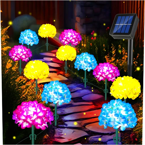 Enhon 12 Pack Solar Flower Lights, Solar Pathway Lights with Silk Hydrangea, Outdoor Waterproof Light Up Flowers for Yard Art Decor, Garden LED Landscape Stake Lights for Yard Lawn Pathway Decoration
