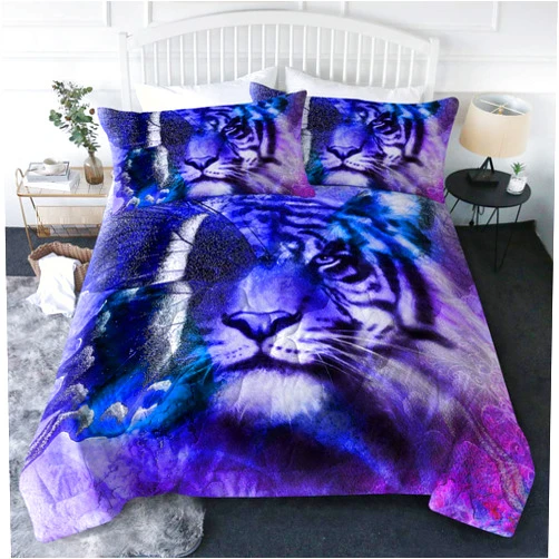 BlessLiving 3D Tiger Comforter Set with 2 Pillow Shams, Twin/Twin XL Size, 3 Piece Bedding Set Reversible, Tiger Head with Eagle and Butterfly Wings, Oil Painting, Purple and Blue