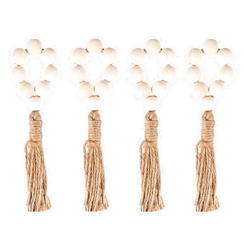 VORCOOL 4 pcs Wood Bead Napkin Rings with Tassels, Rustic Farmhouse Wood Beads for Garland Wall Hanging Weddings Home Decor Table Decoration