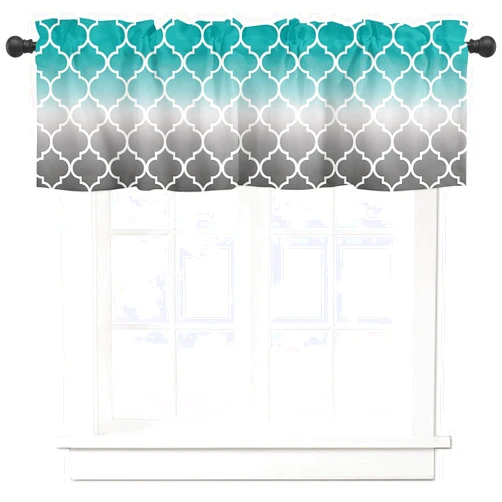 Homechoid Moroccan Turquoise Gray Ombre Curtain Valance for Windows/Living Room/Kitchen/Bathroom/Farmhouse, Morocco Pattern Teal Grey Gradient Print Short Rod Pocket Tier Curtain Window Treatment, 1 Panel 54x18