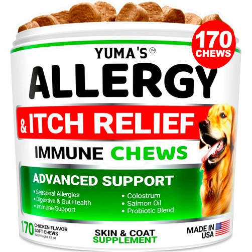YUMA'S Dog Allergy Relief Chews - Dog Itching Skin Relief Treatment Pills - 170 Treats - Anti-Itch Chewables - Itchy and Paw Licking - Hot Spots - Omega 3 Fish Oil - Dry Skin & Coat Supplement