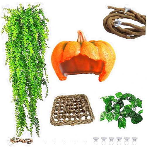 kathson Resin Reptile Pumpkin House Bearded Dragon Hammock Lizard Lounger 7.1 x 7.1in Reptiles Climbing Vines Leopard Gecko Tank Accessories Flexible Leaves Decor for Chameleon Snake Amphibians(5 Pcs)