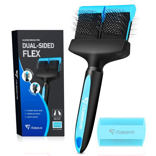 IToleeve Dual Flex Slicker Brush Dog Brush, Gentle Grooming Tool for Sensitive Dogs & Cats - Ideal for Long Hair, Removes Undercoat, Tangles, and Knots