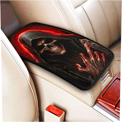 Indokyeyqaz Universal Car Center Console Cushion Pad, Cool Red Skull Soft Waterproof Car Center Console Cover Auto Armrest Seat Box Cover Protector for Most Vehicle SUV Truck Car
