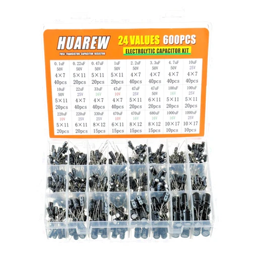 HUAREW 24 Values 600 Pcs 0.1 uF to1000 uF MFD 10 16 25 50 V Volt Aluminum Electrolytic Capacitor Assortment Kit