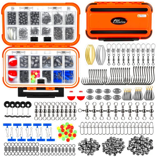PLUSINNO 253pcs Fishing Accessories Kit, Fishing Tackle Box with Tackle Included, Fishing Hooks, Fishing Weights Sinkers, Spinner Blade, Fishing Gear for Bass, Bluegill, Crappie, Fishing
