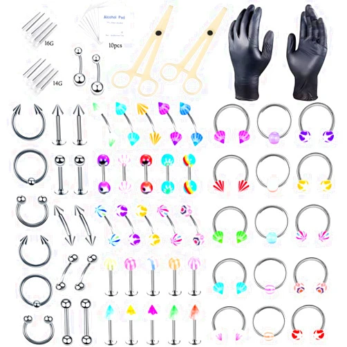 Jozaya Piercing Kit, Jozaya Body Piercing Kit Stainless Steel Acrylic 14G 16G Piercing Kits for All Piercings Colorful Piercing Jewelry Belly Button Septum Lip Tongue Tragus Cartilage Eyebrow Piercing Needles Clamp Kit Tool