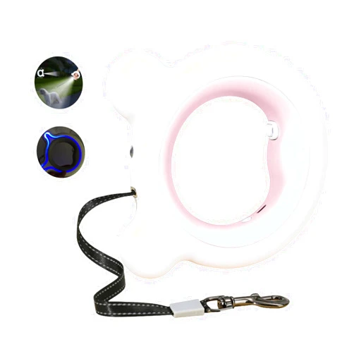 Yaindhi Retractable Dog Leash with Rechargeable LED Light - 9.8 ft Strong Nylon Tape for Night Walks up to 44lbs Pet - 360° Tangle-Free One-Handed Brake,7 Color Lighting，Pause, Lock (White/Pink)