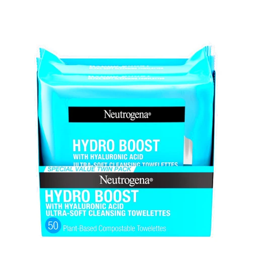 Neutrogena Hydro Boost Facial Cleansing Towelettes + Hyaluronic Acid, Hydrating Makeup Remover Face Wipes Remove Dirt & Waterproof Makeup, Hypoallergenic, 100% Plant-Based Cloth, 2 x 25 ct