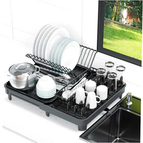 YEPATER Extendable Dish Rack, Large Dish Drying Rack with Drainboard,Cup Holder,Cutlery Drawer Organizer,Collapsible Dish Drainer for Kitchen Counter