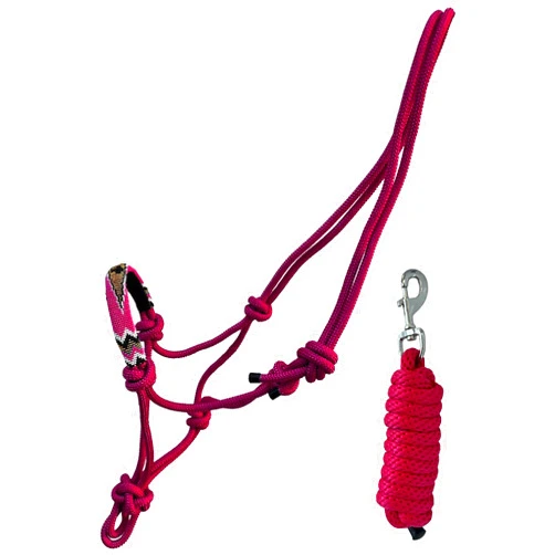 Equitem Nylon Horse Size Cowboy Knot Rope Halter with Beaded Cross Nose and Removable Lead