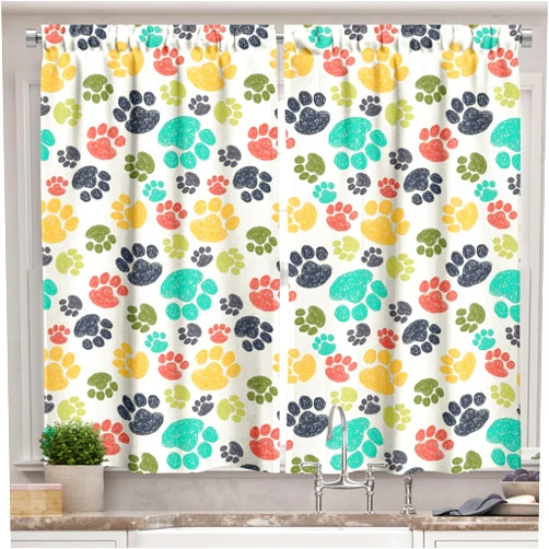 Ambesonne Dog Lover Kitchen Curtains, Hand Drawn Paw Print Doodles Circular Pattern Children Drawing Style Animal, Window Drapes 2 Panel Set for Kitchen Cafe Decor, 55