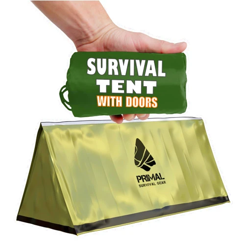 Primal Survival Gear Orange Polyester Survival Tent with Doors - Compact, Durable, All-Season Shelter for Camping, Hiking, and Emergency Preparedness