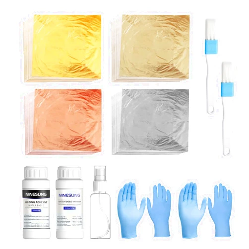 Ninesung Gold Leaf Kit | Gold Leaf Adhesive Set | 100ml Water Based Adhesive and 100ml Varnish | 100 Pcs Multicolor Gold Leaf Sheets | 2 Brushes | with Spray Bottle | Gold Leaf Sheets for Art