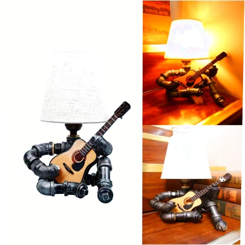 PUPERY Steampunk Music Guitar Table Lamp,Retro Robot Table Lamps,Cool Guitar Stuff Gifts for Men Music Lovers Guitar Players,Industrial Water Pipe Lamp with Bulb and Shade